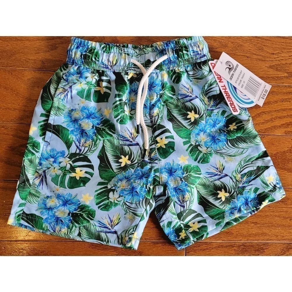Ocean Threads Boys Blue Swim Trunks Tropical Print Blue Boys Size 3T